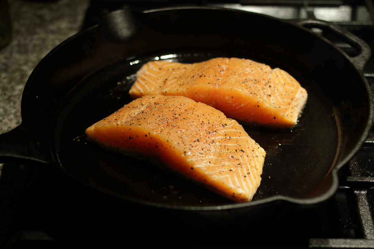 Start cooking salmon skin side down on hot skillet
