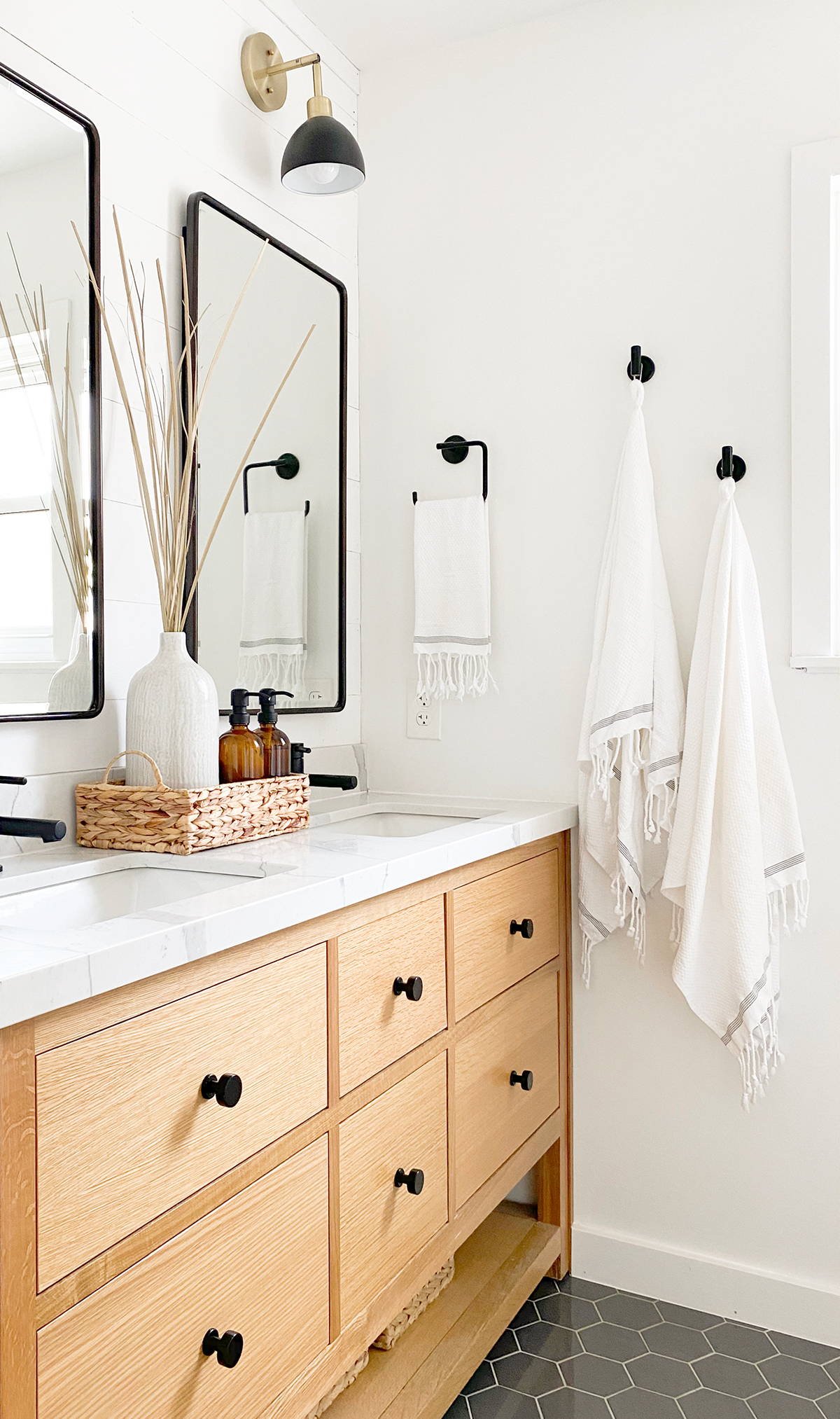 Tiny Master Bathroom with white oak vanity
